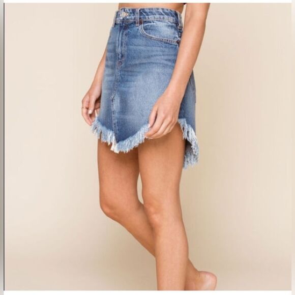 Free People Bailey Raw Hem Fringe Denim Jean Asymmetrical Mini Skirt 29 - Picture 3 of 13